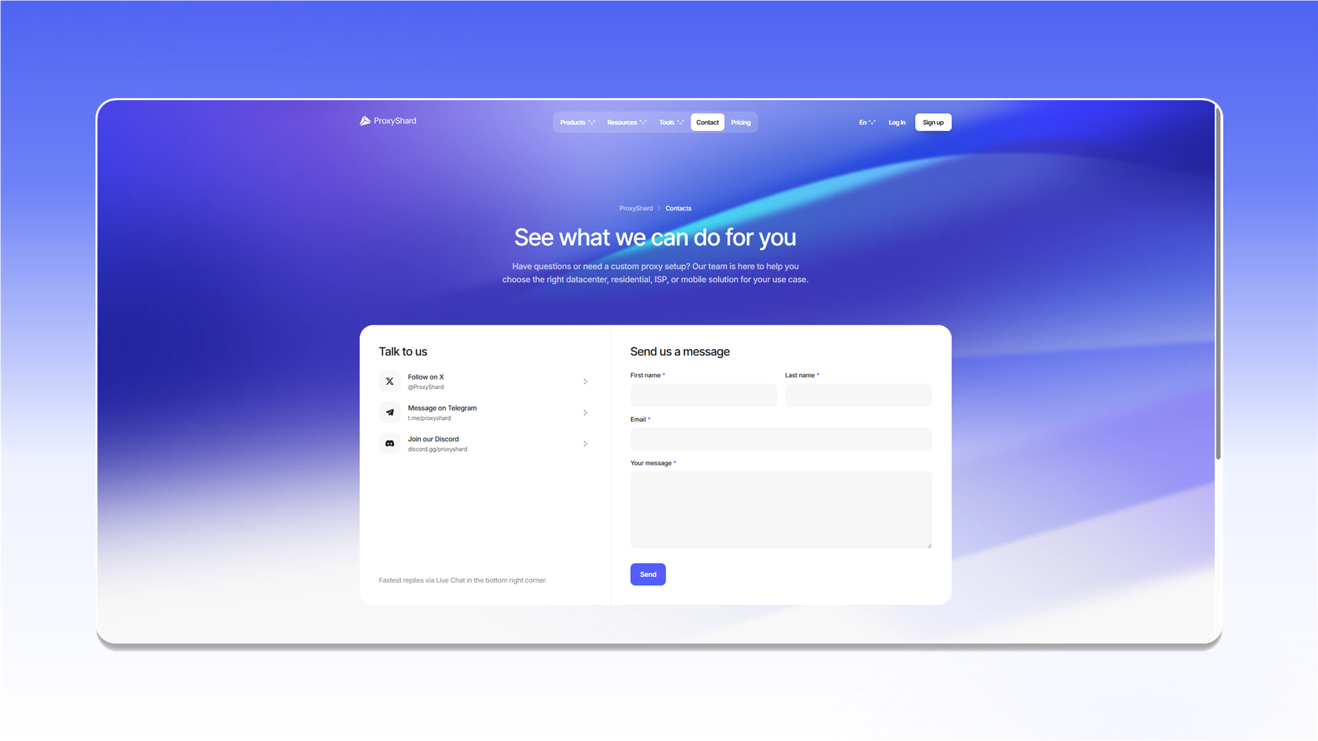 Contact form on the ProxyShard website