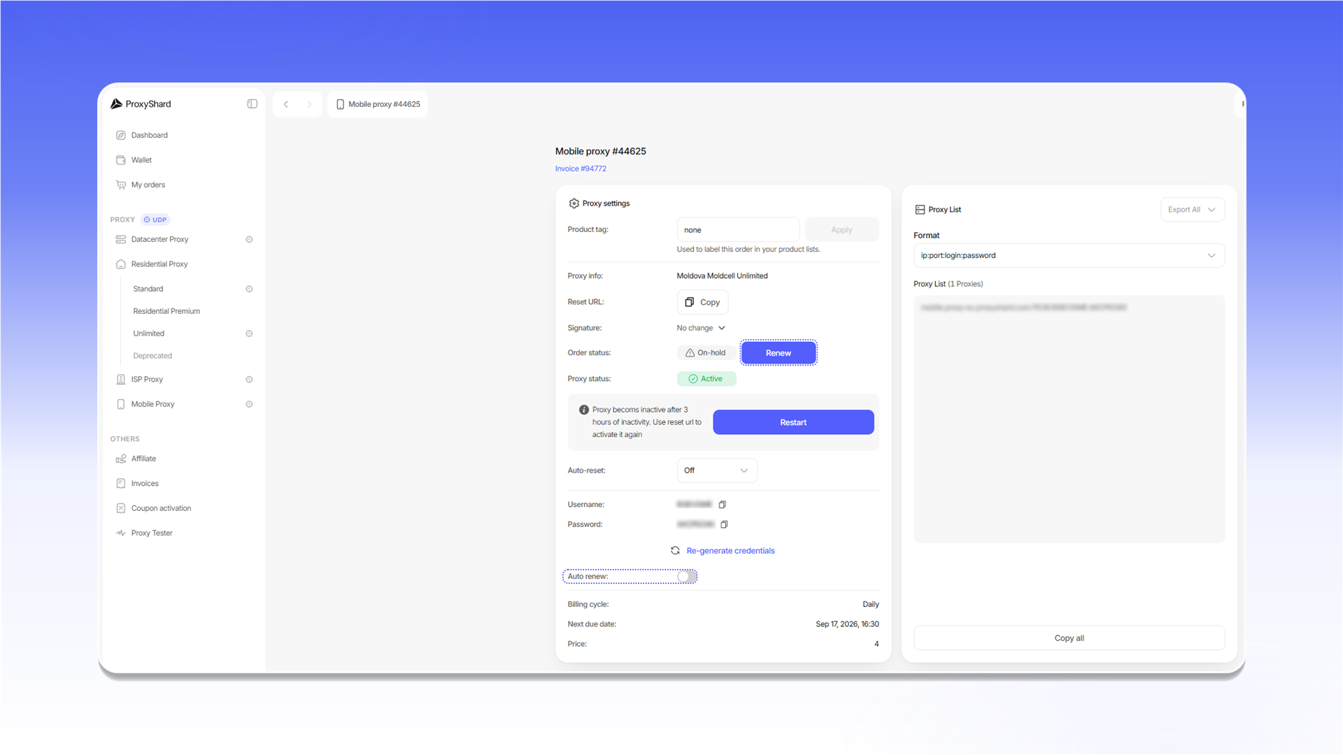 Renewing a mobile proxy order