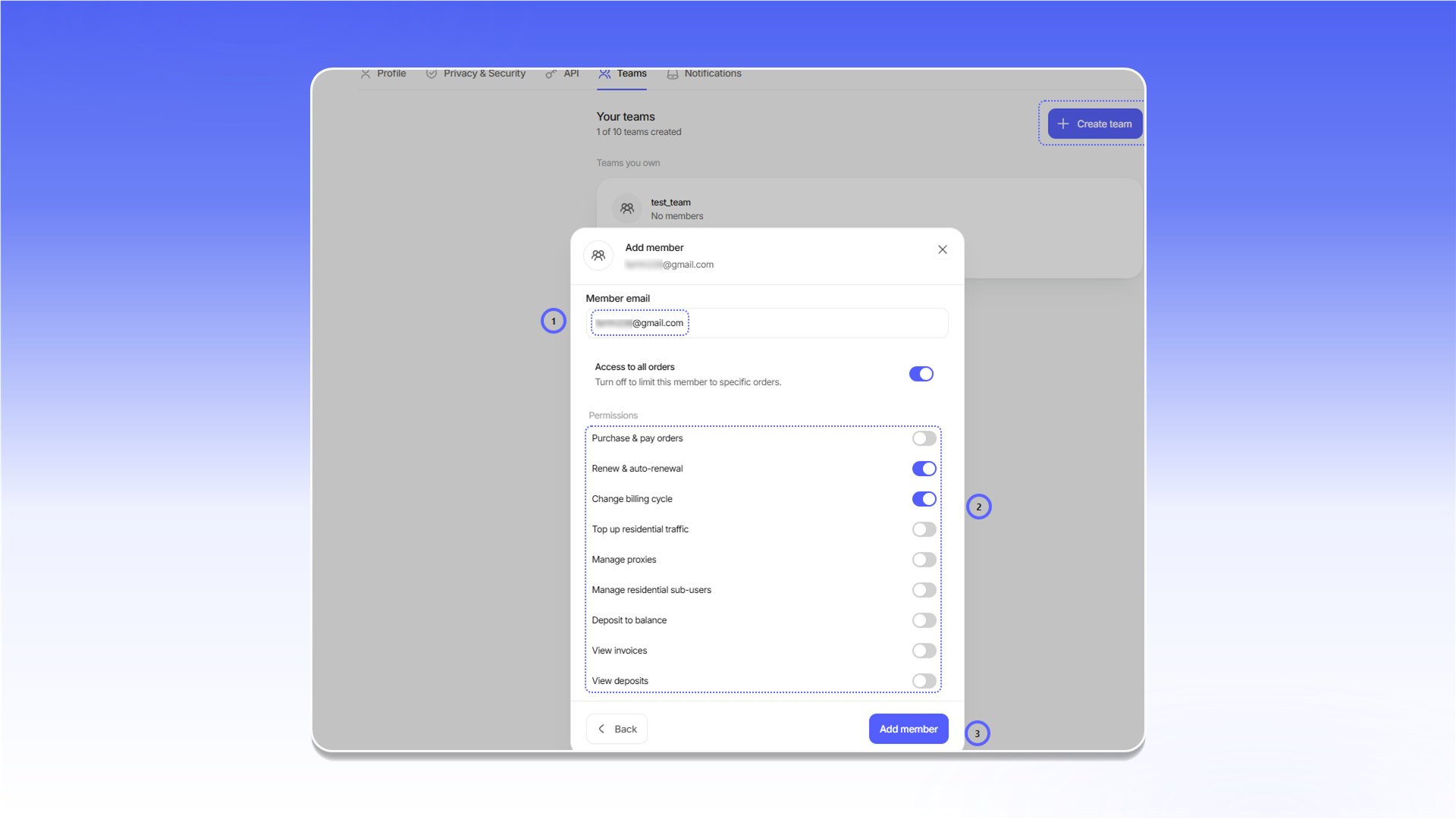 Adding a member and configuring permissions