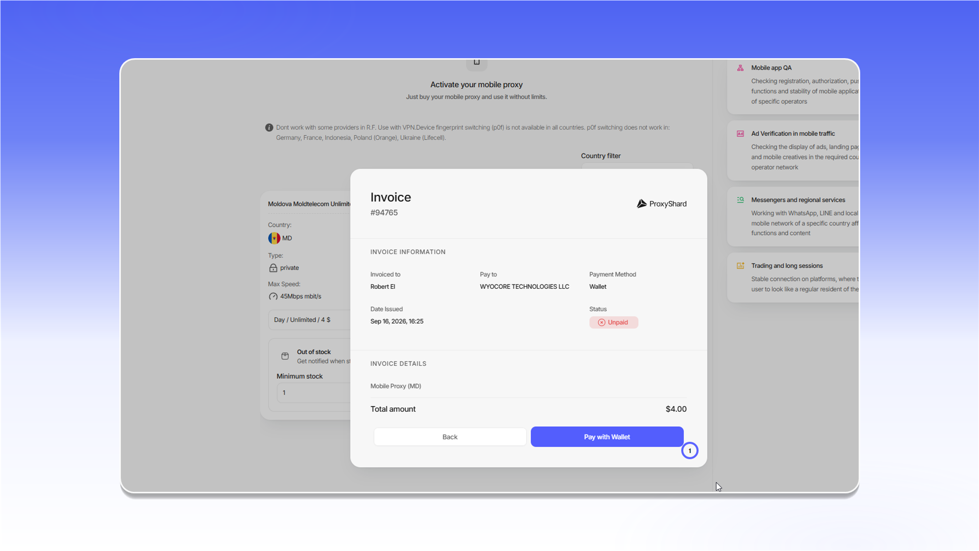 Paying for mobile proxies from the balance