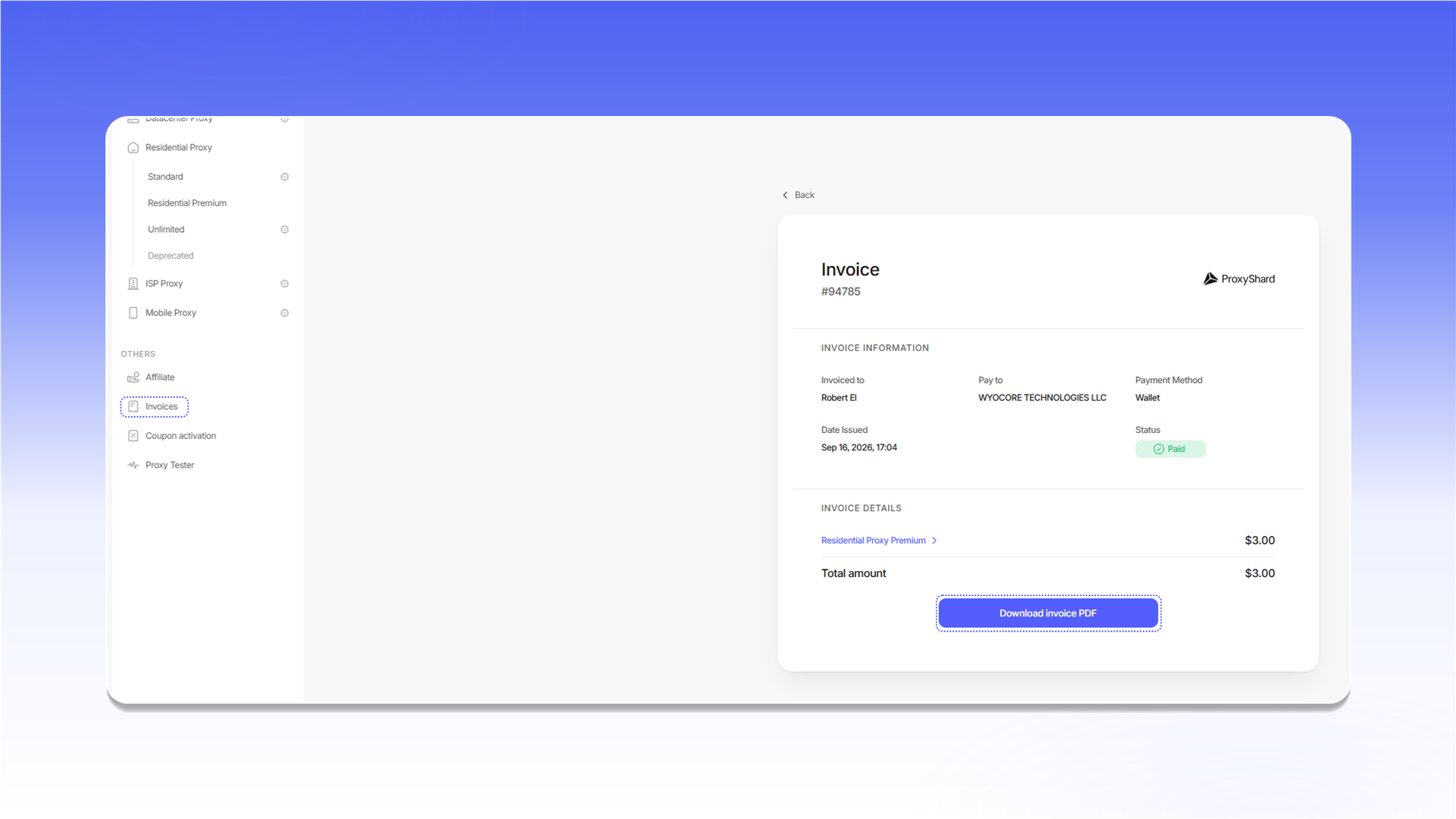 Invoice details and PDF download