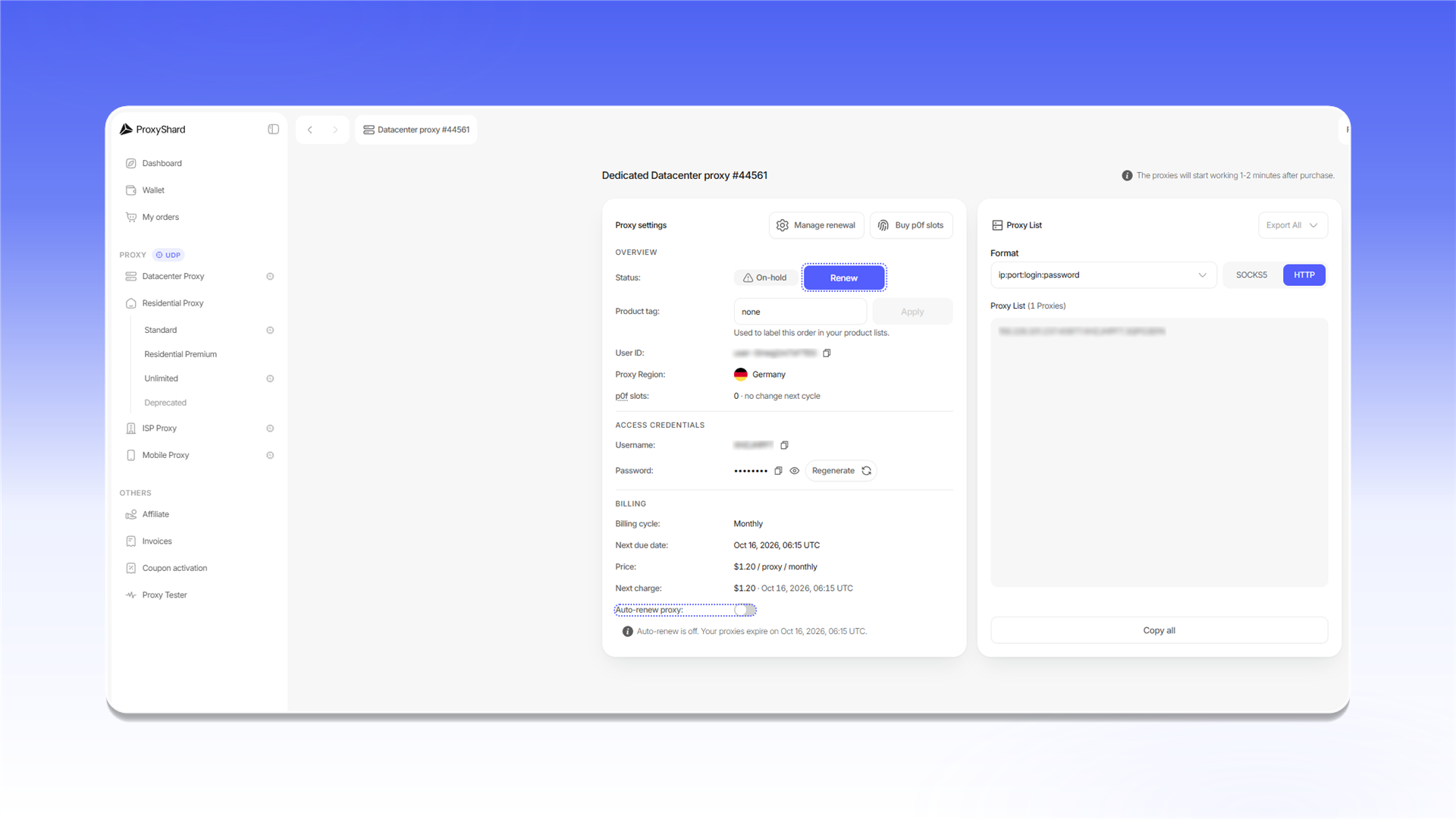 Datacenter proxy order fields