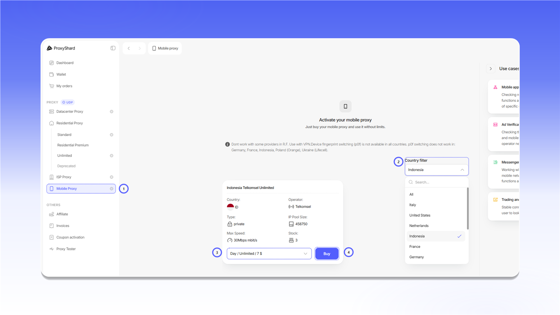 Purchasing mobile proxies