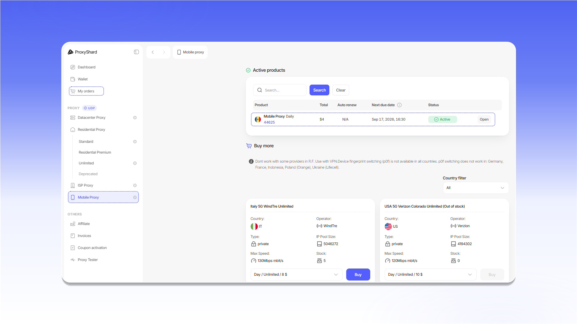 An active mobile proxy order